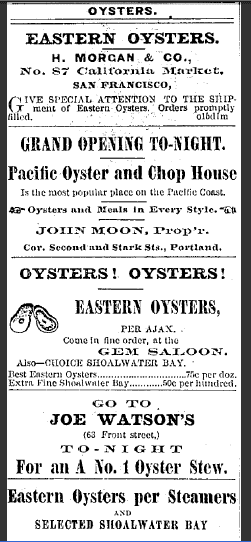 oregonian-newspaper-1016-1874-oysters-advertisement Old Vintage Advertisement for Oysters - Oregonian Newspaper 1874