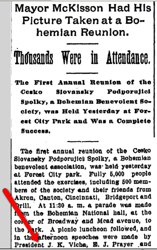 plain-dealer-newspaper-0627-1898-vicha-speech Mayor McKisson Had His Picture Taken at a Bohemian Reunion, Plain Dealer newspaper article 27 June 1898