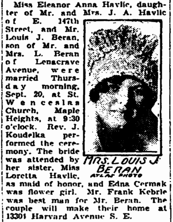 plain-dealer-newspaper-0930-1928-eleanor-havlic-wedding-announcement Mrs Louis J Beran Old Marriage Announcement