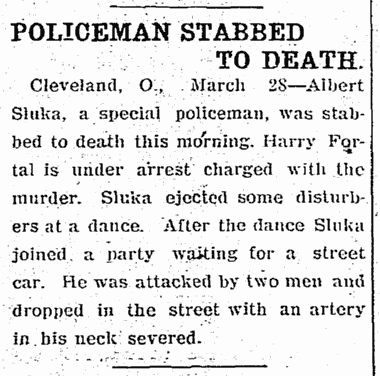elkhart-truth-newspaper-0328-1907-albert-sluka-murder Policeman Stabbed to Death, Elkhart Truth newspaper article, 28 March 1907