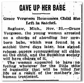 flint-journal-newspaper-1125-1904-grace-vergeson Gave Up Her Babe, Flint Journal newspaper article 25 November 1904