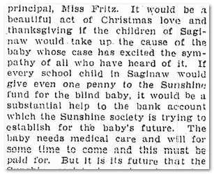 saginaw-news-newspaper-1125-1904-blind-baby-abandoned blind baby abandoned, Saginaw News newspaper article 25 November 1904