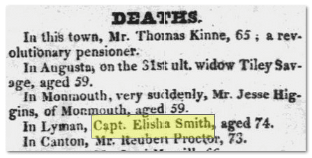 american-advocate-newspaper-0416-1825-elisha-smith-obituary obituary for Captain Elisha Smith, American Advocate newspaper article 16 April 1825