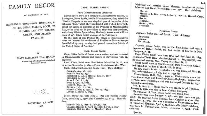 collage-0925-2012-mary-hanaford-book collage of pages from Mary Hanaford's 1915 book "Family Branches of the Hanaford, Thompson, Huckins, Prescott, Smith…and Allied Families"