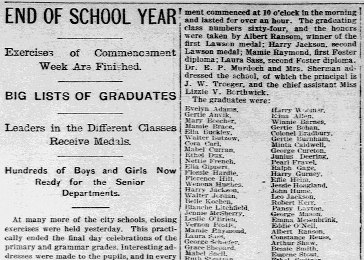 daily-inter-ocean-newspaper-0629-1895-graduate-list End of School Year, Daily Inter Ocean newspaper article 29 June 1895
