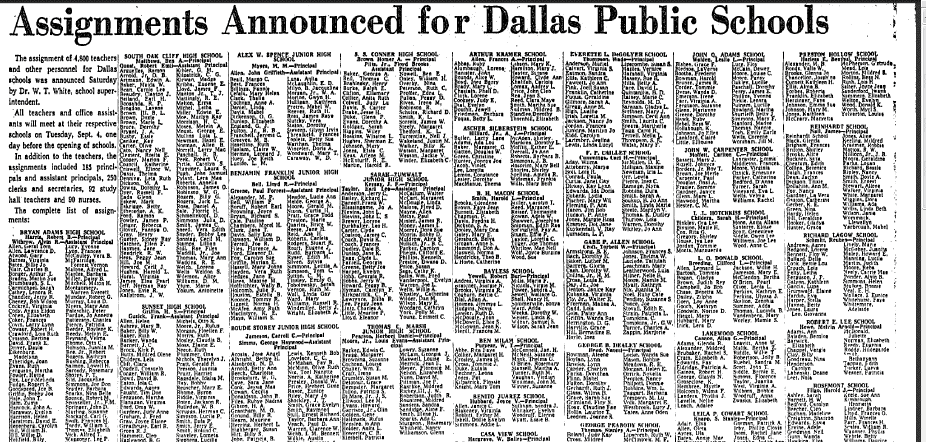dallas-morning-news-newspaper-0805-1962-school-assignments Assignments Announced for Dallas Public Schools, Dallas Morning News newspaper article 5 August 1962