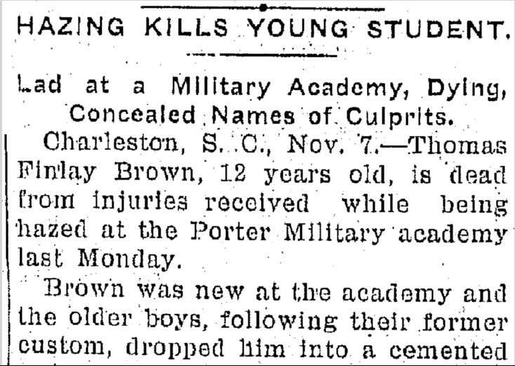 jackson-citizen-patriot-newspaper-1107-1900-school-hazing Hazing Kills Young Student, Jackson Citizen Patriot newspaper article 7 November 1900