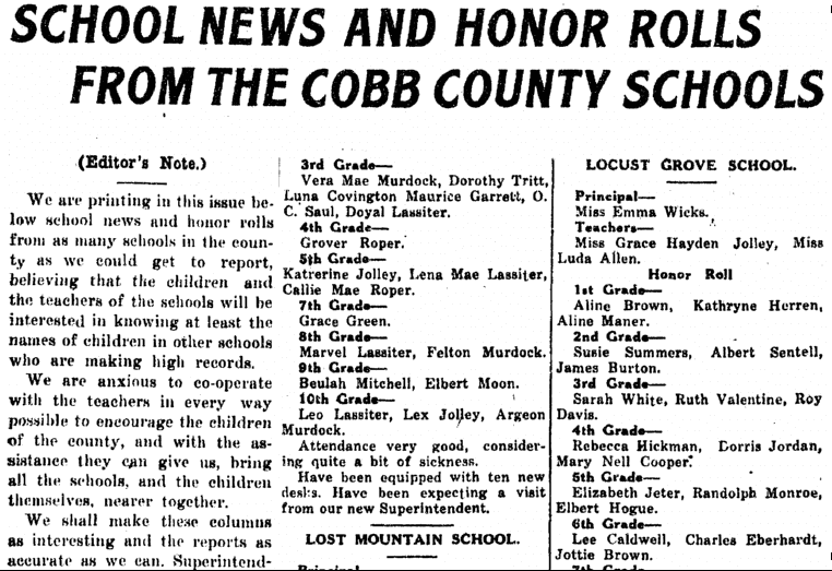 marietta-journal-newspaper-0225-1921-school-honor-rolls School News and Honor Rolls from the Cobb County Schools, Marietta Journal newspaper article, 25 February 1921