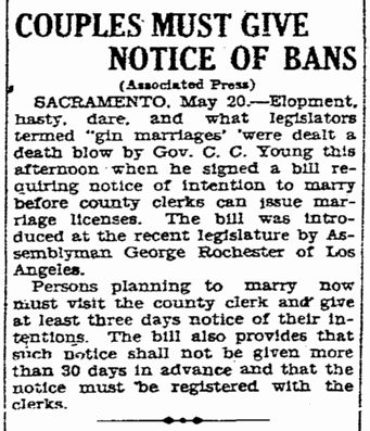 san-diego-union-newspaper-0521-1927-california-gin-marriage-law Couples Must Give Notice of Bans, San Diego Union newspaper article 21 May 1927