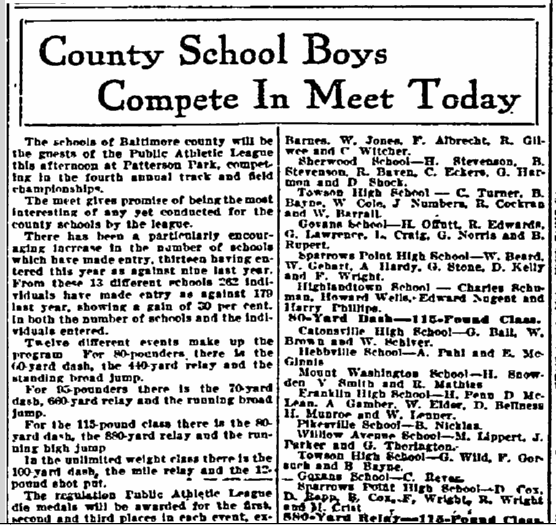 sun-newspaper-0614-1913-school-boys-compete County School Boys Compete in Meet Today, Sun newspaper article 14 June 1913