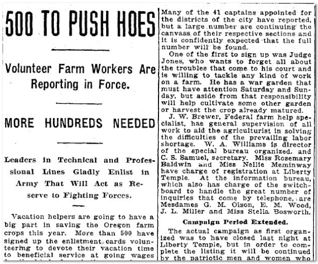 oregonian-newspaper-0714-1918-portland-farm-work 500 to Push Hoes, Oregonian newspaper article 14 July 1918