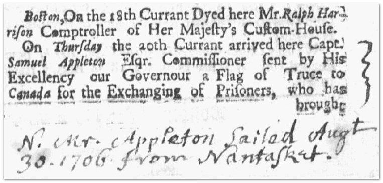 boston-news-letter-newspaper-1125-1706-handwritten-entry handwritten entry to a ship's list, Boston News-Letter newspapr article 25 November 1706