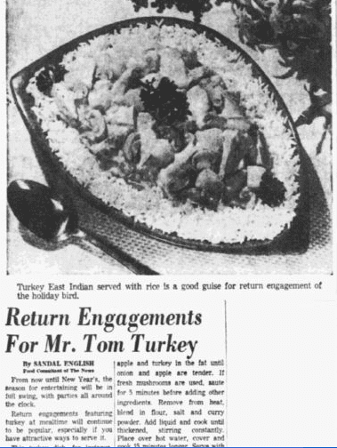 dallas-morning-news-newspaper-1129-1953-thanksgiving-leftovers Return Engagements for Mr. Tom Turkey, Dallas Morning News newspaper article 29 November 1953