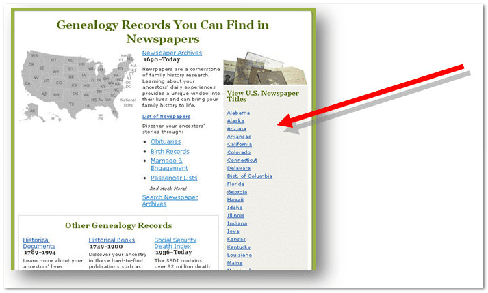 genealogybank-1106-2012-state-search GenealogyBank's list of U.S. states for selecting newspapers to be searched