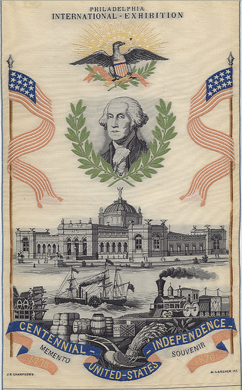 illustration-1105-2012-1876-centennial-exhibition-ribbon Philadelphia International Exhibition souvenir ribbon, 1876, from the Cornell University Collection of Political Americana, Cornell University Library