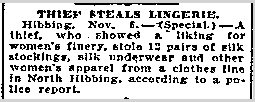 duluth-news-tribune-newspaper-1107-1922-lingerie-thief Thief Steals Lingerie, Duluth News-Tribune newspaper article 7 November 1922