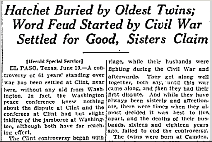 lexington-herald-newspaper-0611-1922-tarbell-headline Hatchet Buried by Oldest Twins, Lexington Herald newspaper article 11 June 1922
