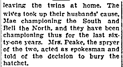 lexington-herald-newspaper-0611-1922-tarbell-sisters-peace Hatchet Buried by Oldest Twins, Lexington Herald newspaper article 11 June 1922