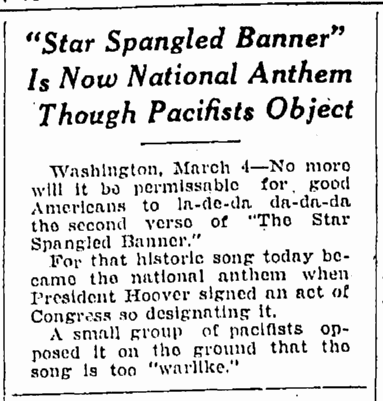 springfield-republican-newspaper-0305-1931-star-spangled-banner "Star Spangled Banner" Is Now National Anthem though Pacifists Object, Springfield Republican newspaper article 5 March 1931