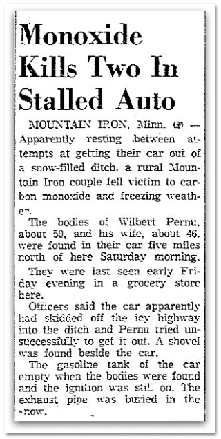 aberdeen-daily-news-newspaper-1209-1956-pernu-accident Monoxide Kills Two in Stalled Auto, Aberdeen Daily News newspaper article 9 December 1956