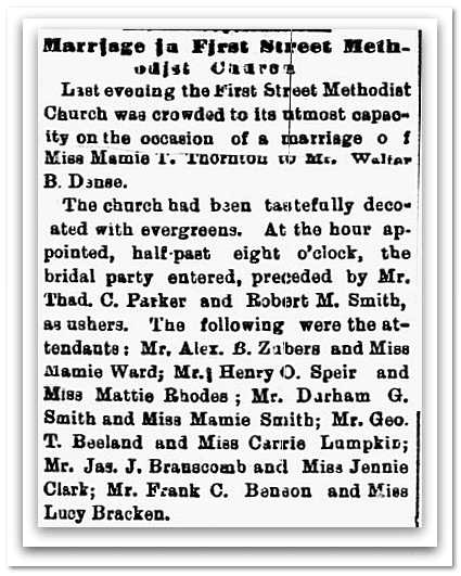 macon-daily-telegraph-newspaper-0916-1879-dense-thornton-marriage-announcement-1 Marriage in First Street Methodist Church, Macon Daily Telegraph newspaper article 16 September 1879