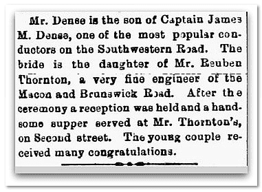 macon-daily-telegraph-newspaper-0916-1879-dense-thornton-marriage-announcement-3 Marriage in First Street Methodist Church, Macon Daily Telegraph newspaper article 16 September 1879, page 4