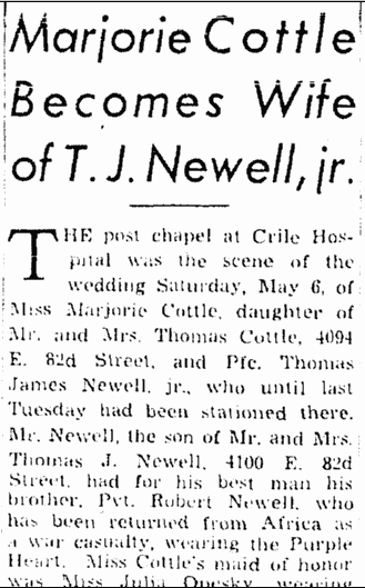 plain-dealer-newspaper-0514-1944-cottle-newell-wedding Marjorie Cottle Becomes Wife of T. J. Newell, jr., Plain Dealer newspaper article 14 May 1944