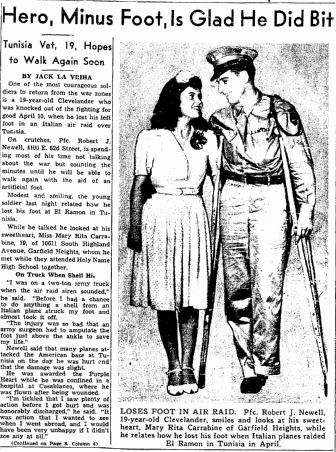 plain-dealer-newspaper-0728-1943-robert-newell-purple-heart Hero, Minus Foot, Is Glad He Did Bit, Plain Dealer newspaper article 28 July 1943
