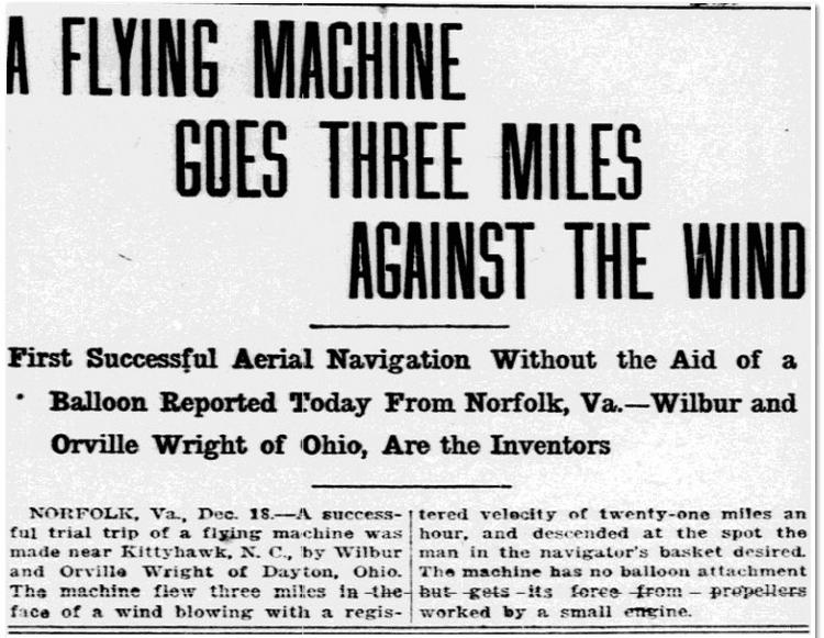 fort-worth-star-telegram-newspaper-1218-1903-wilbur-orville-wright A Flying Machine Goes Three Miles against the Wind, Fort Worth Star-Telegram newspaper article, 18 December 1903