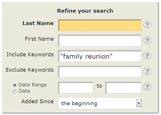 genealogybank-0521-2013-refine-search GenealogyBank search box for "family reunion"