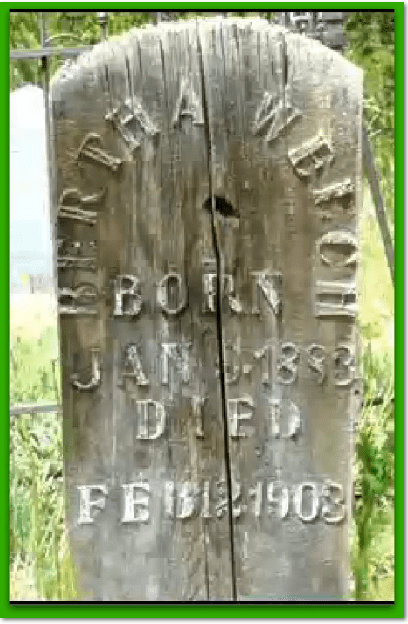 photo-0701-2013-bertha-welch-wooden-tombstone photo of Bertha Welch's wooden tombstone in historic Valley View Cemetery in Breckenridge, Colorado
