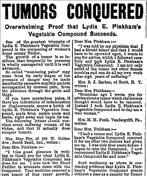 Evening News Newspaper Mrs. Pinkham Tumor Medicine Tumors Conquered - Lydia Pinkham's Vegtable Compound Newspaper Article