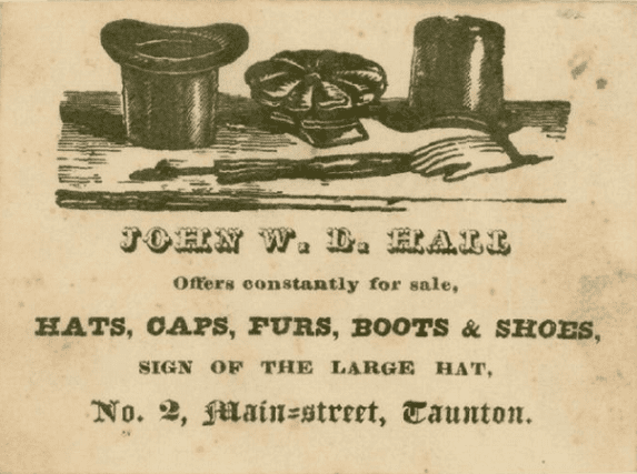 illustration-0909-2013-hall-hats-advertising-card Advertising card from 1840 for John W. D. Hall hat maker