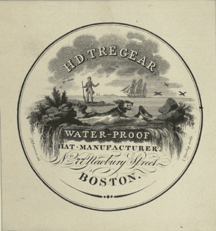 illustration-0909-2013-tregear-waterproof-hats-advertising-card Advertising card from 1830 for H. D. Tregear hat maker