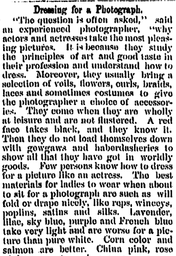 kalamazoo-gazette-newspaper-0526-1882-dressing-photographs Dressing for a Photograph, Kalamazoo Gazette newspaper article 26 May 1882