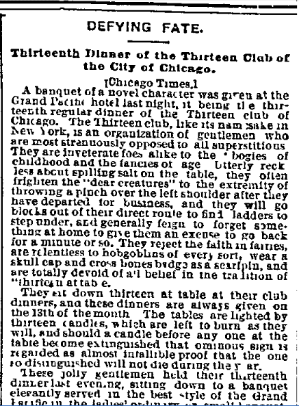 kansas-city-star-newspaper-0515-1885-thirteen-club Defying Fate: Thirteenth Dinner of the Thirteen Club of the City of Chicago, Kansas City Star newspaper article 15 May 1885