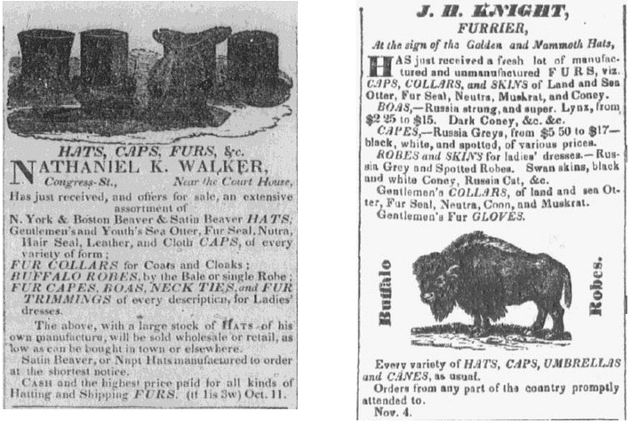 portsmouth-journal-of-literature-and-politics-newspaper-1122-1834-hats-furrier-ad ads for hats, Portsmouth Journal of Literature and Politics newspaper advertisements 22 November 1834