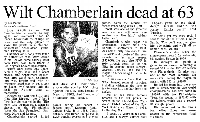 aberdeen-daily-news-newspaper-1013-1999-wilt-chamberlain-obituary Wilt Chamberlain Dead at 63, Aberdeen Daily News newspaper obituary 13 October 1999