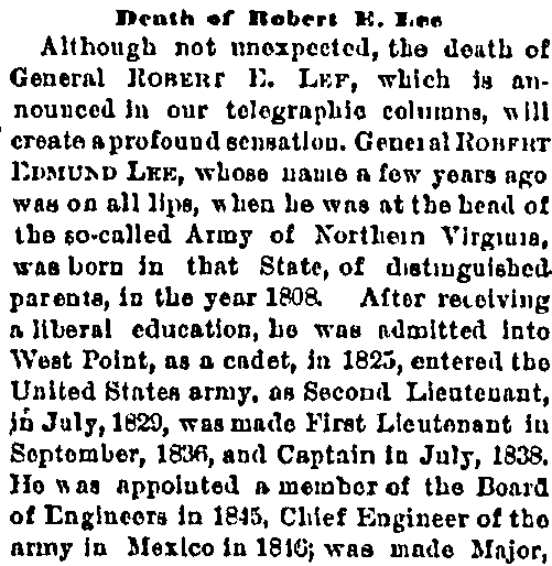 cincinnati-commercial-tribune-newspaper-1013-1870-robert-e-lee-obituary Death of Robert E. Lee, Cincinnati Commercial Tribune newspaper obituary 13 October 1870