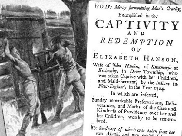 A montage of a newspaper clipping and an illustration of Indians attacking a cabin