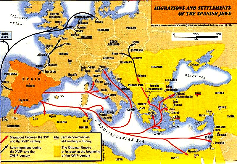 map-1025-2013-spanish-jews-migration map showing migrations and settlements of the Spanish Jews
