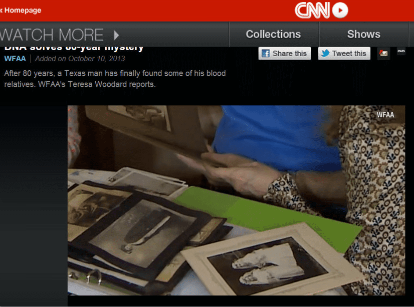 photo-1022-2013-cnn-dna-testing-patrick-holland photo of a CNN report of 80-year-old Patrick J. Holland, who was raised in an orphanage and through DNA testing finally found his family
