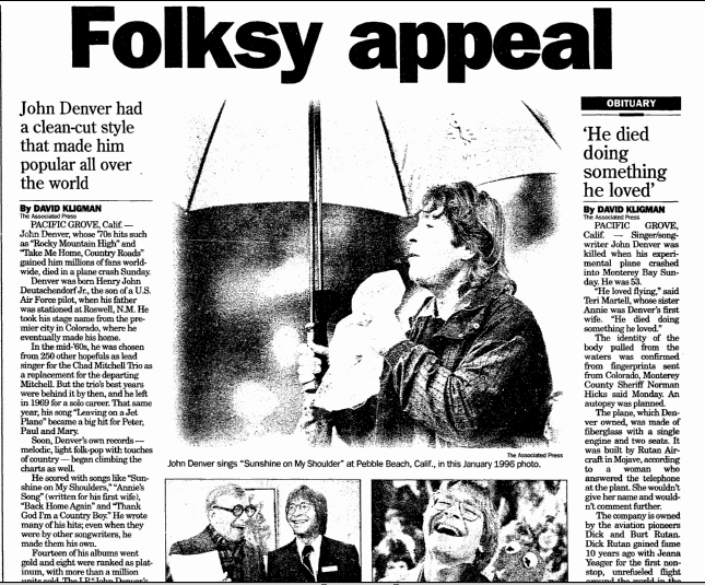 register-star-newspaper-1014-1997-john-denver-obituary profile and obituary for John Denver, Register Star newspaper articles, 14 October 1997