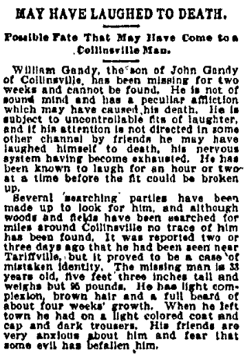 new-haven-register-newspaper-0911-1899-william-gandy-laughing-fit May Have Laughed to Death, New Haven Register newspaper article 11 September 1899