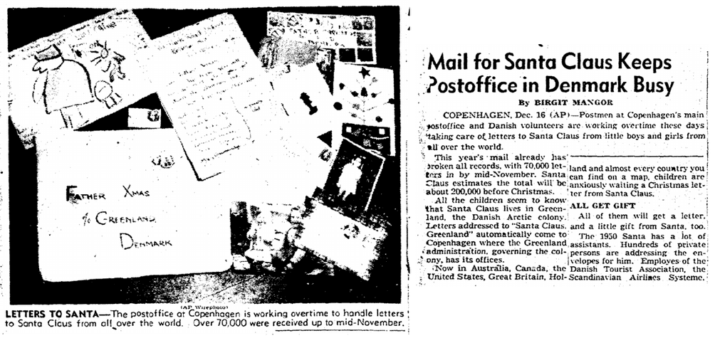 boston-herald-newspaper-1217-1950-denmark-letters-santa-claus Mail for Santa Claus Keeps Postoffice in Denmark Busy, Boston Herald newspaper article 17 December 1950