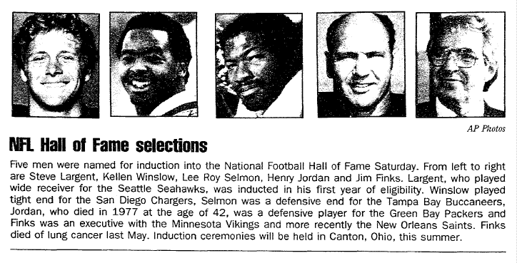 aberdeen-daily-news-newspaper-0129-1995-football-hall-of-fame-inductees NFL Hall of Fame Selections, Aberdeen Daily News newspaper article 29 January 1995
