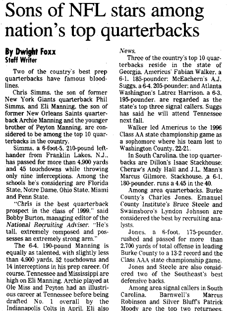 augusta-chronicle-newspaper-0904-1998-prep-quarterbacks Sons of NFL Stars among Nation's Top Quarterbacks, Augusta Chronicle newspaper article 4 September 1998
