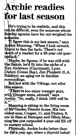 times-picayune-newspaper-0526-1985-archie-manning Archie Manning Readies for Last Season, Times-Picayune newspaper article 26 May 1985