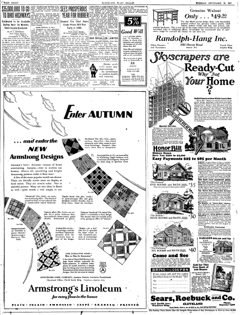 plain-dealer-newspaper-0920-1927-sears-ad-homes ad for prefabricated homes from Sears, Roebuck and Co., Plain Dealer newspaper advertisement 20 September 1927