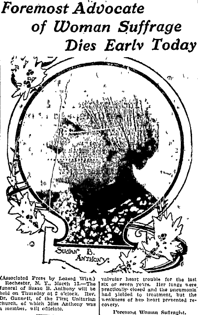 bellingham-herald-newspaper-0313-1906-susan-b.-anthony-obituary obituary for women's rights advocate Susan B. Anthony, Bellingham Herald newspaper article 13 March 1906